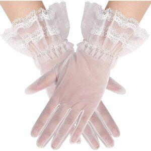 Women's Lvory 05 Floral Short Length Lace Tulle Mesh Wrist Wedding Party Gloves